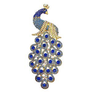 Gyn&Joy Gold Tone Two-tone Blue‎ Rhinestone Peacock Art Jewelry Austrian Brooch